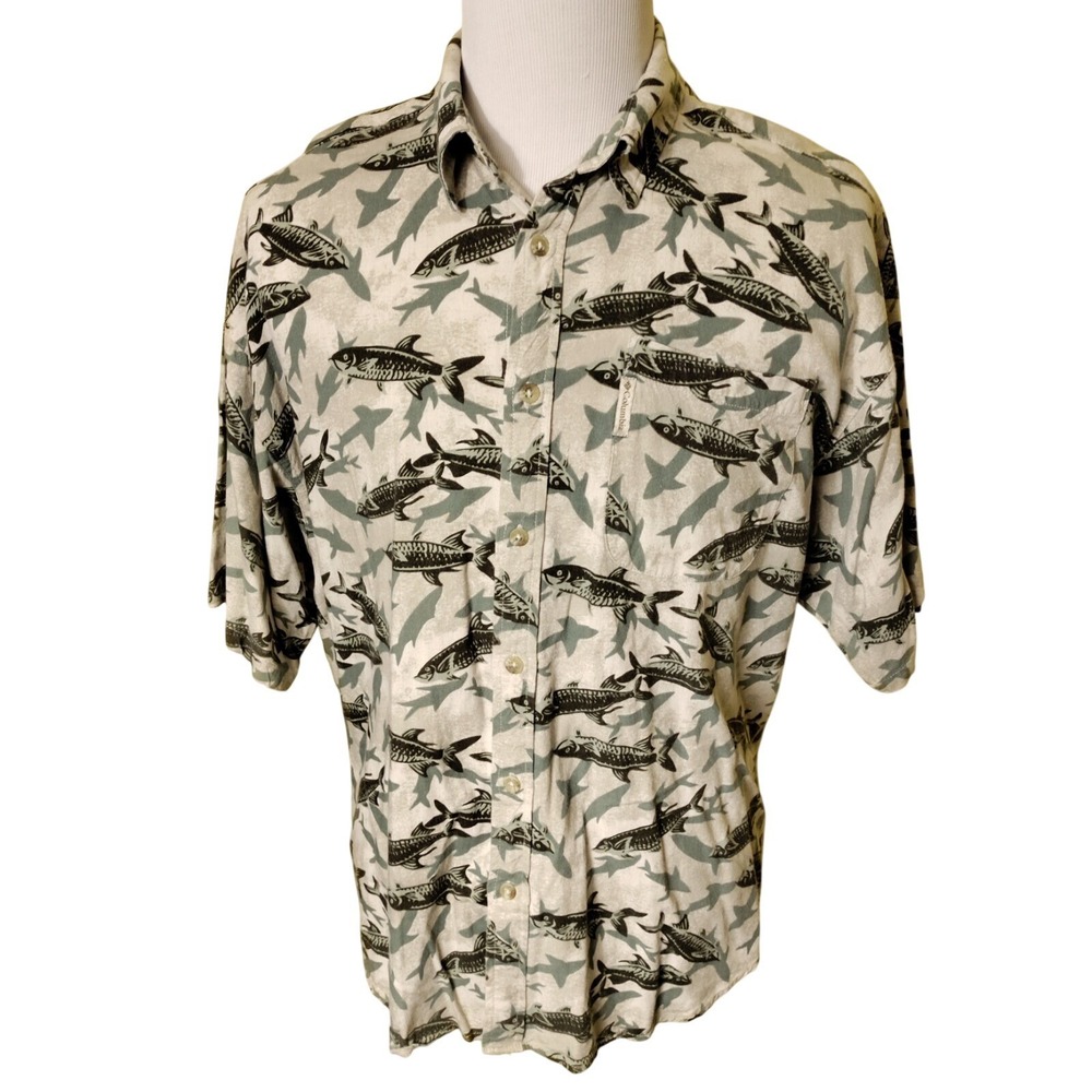 VTG Columbia Mens Fish Shark Print 20% Linen Short Sleeve Shirt Sz XL